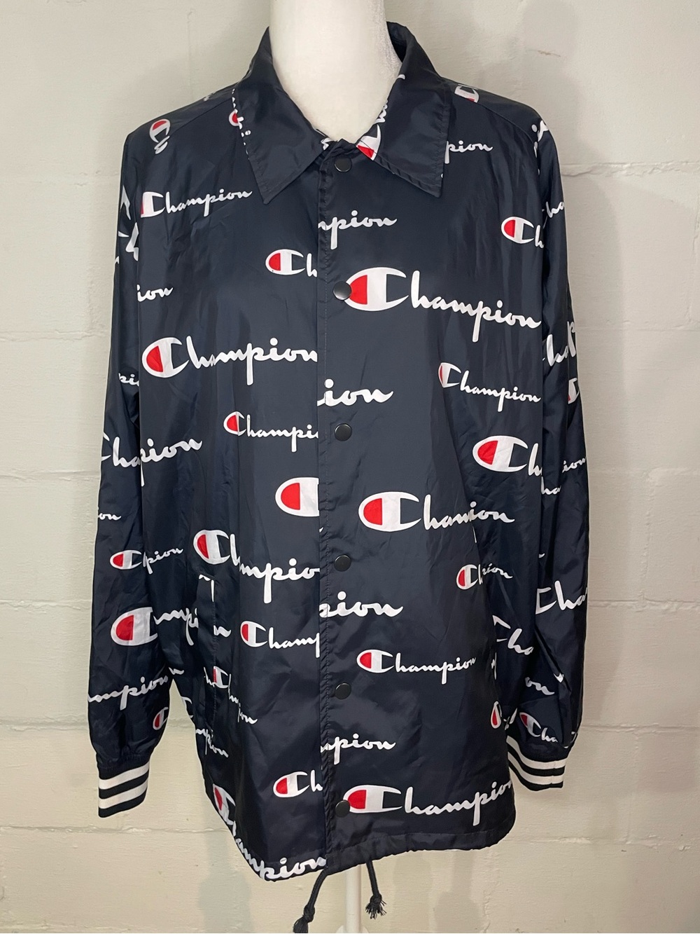 Champion Navy Jacket with White Script and Red Logo Accents